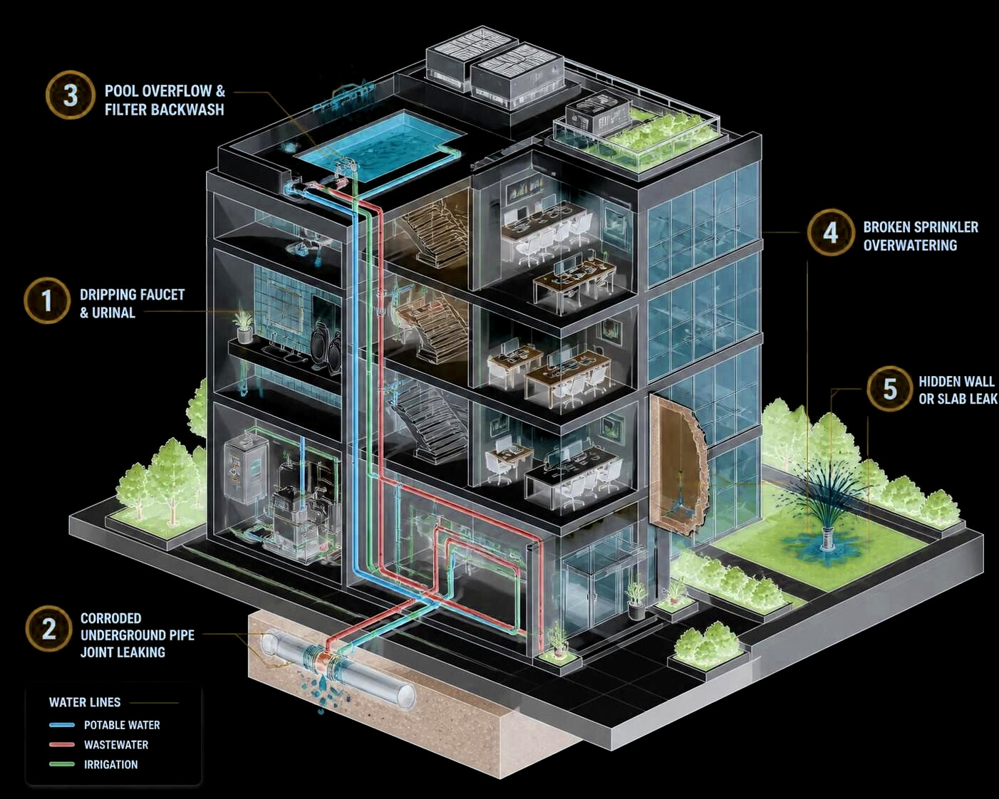 Cutaway illustration of a commercial building showing five common sources of water waste: dripping faucets and urinals in the restrooms, a corroded underground pipe joint leaking below the slab, pool overflow and filter backwash on the roof, a broken sprinkler overwatering the landscaping, and a hidden leak inside a wall. Colored lines trace the potable water, wastewater, and irrigation systems through the building.